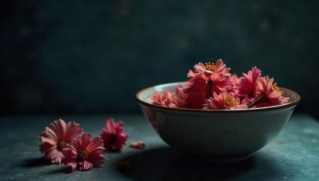 Empty bowl, wilted flowers, dim lighting evokes feelings of profound sadness and lack of appetite A poignant visual representation of depression and hunger , empty bowl, mental health