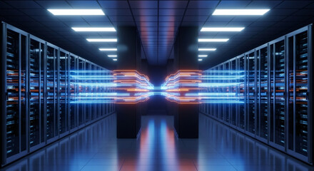 Server room with glowing neon data lines, representing high-speed connectivity. Digital information transfer concept. Data center technology.