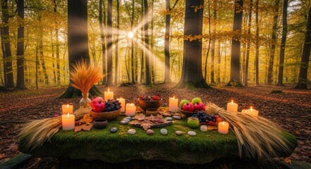 Golden autumn forest harvest festival with glowing candles and fresh fruit on mossy stone. Sunrays stream, illuminating abundant nature's bounty and vibrant fall leaves.