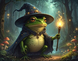 Enchanted frog wizard casting a spell in a forest