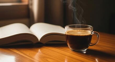 Steaming coffee in glass cup with open book on wooden table, warm light