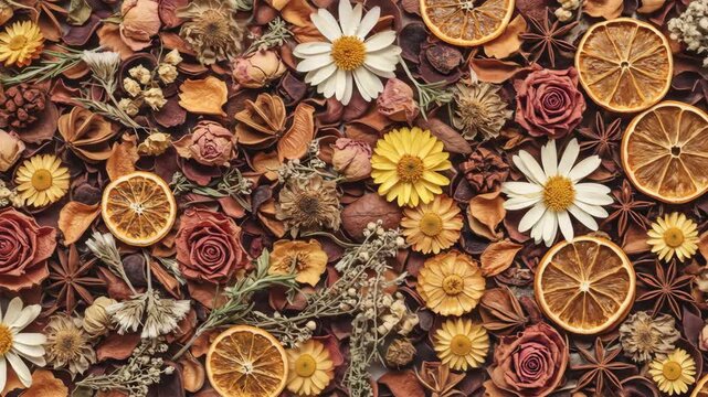 A flat lay of dried plants, flowers, and orange slices, creating a colorful potpourri texture for autumn concept footage.