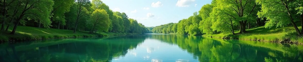 Serene summer scene of a calm waterway reflecting lush green trees and a clear blue sky Perfect for travel, nature, and relaxation themes , beautiful, travel