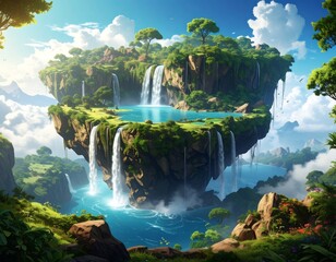 Floating Island with Waterfalls and Lush Greenery