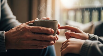 Steaming Mug Shared on Rainy Day, Comforting Touch Between Generations