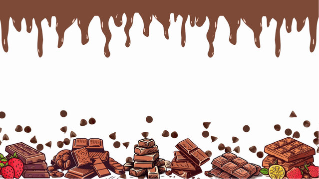 World Chocolate Day, Valentine's Day celebration border with chocolate bars, Choco chips with copy space. Realistic dripping brown chocolate isolated on white background for cards, invitations, menus - Powered by Adobe