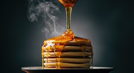 Steaming pancake stack drenched in golden honey against a dark backdrop