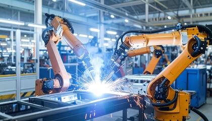 Industrial robots welding metal parts in a factory