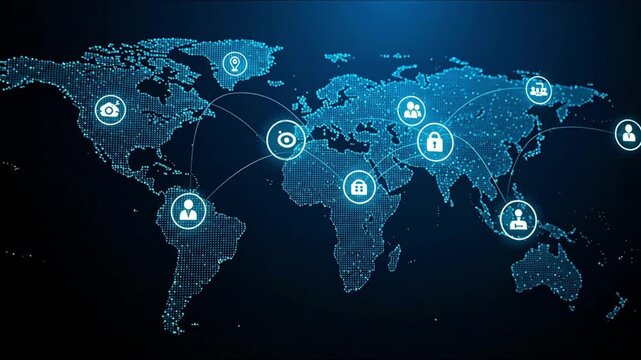 Global network connections depicted on a world map with digital icons representing people and security.