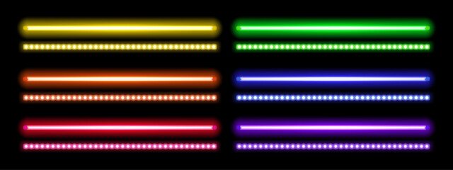 Realistic Glowing Neon Light Stripe Effect – Yellow, Orange, Red, Green, Blue, and Purple LED Tube Lamps for Party Borders, Casino Illumination, and Night Decorations