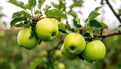 Fresh green apples on tree branch with dew drops