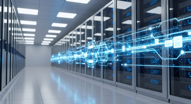 Network server room with glowing blue data flow. Information transfer and storage concept for digital technology. - Powered by Adobe