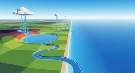 Stylized Water Cycle Illustration: Clouds, Rain, Lake, River, and Ocean