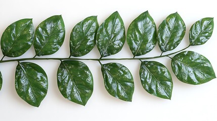 Obraz premium Single Branch with Twelve Glossy Green Leaves on a Photo White Background plant leaf