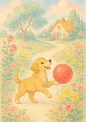 Naklejka premium Playful puppy in floral garden