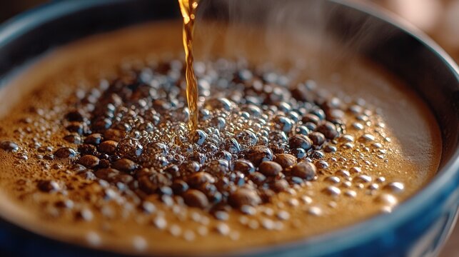 Freshly brewed coffee pouring into a mug with foamy texture and bubbles.