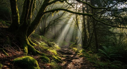 Obraz premium Sunbeams pierce through mossy trees along a forest path, creating a magical atmosphere