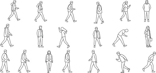 People walking outline vector set, walking poses illustration, casual man and woman outline, modern lifestyle motion, simple black line sketch people icons © Obaidul Vector Zoon