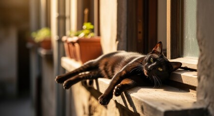 Sun-Kissed Slumber: Black Cat Lounging on a Window Ledge in Golden Light