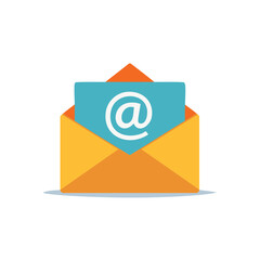 Open envelope with a turquoise card displaying the at symbol for email communication