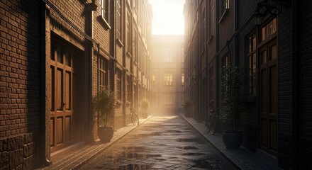 Fototapeta premium Sunlit Alleyway with Brick Buildings, Wet Pavement, and Bicycles