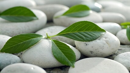 Cinematic macro shot of smooth white river pebbles with fresh green leaves scattered on top, soft daylight, natural harmony, calming spa-like atmosphere.