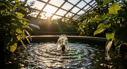 Sunlit Fountain in Conservatory with Lush Greenery and Geometric Glass Roof