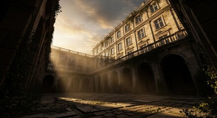 Sunlit Courtyard of an Overgrown, Abandoned Stone Building with Arches and Balconies