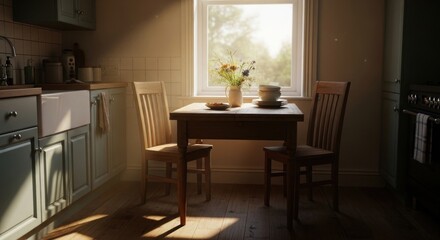 Sunlit Kitchen Still Life with Wooden Table, Chairs, and Wildflower Bouquet