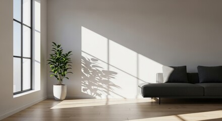 Sunlit modern living room with potted plant casting shadows on the wall