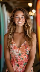 Fototapeta premium Beautiful surfer girl smiling in a surf shop