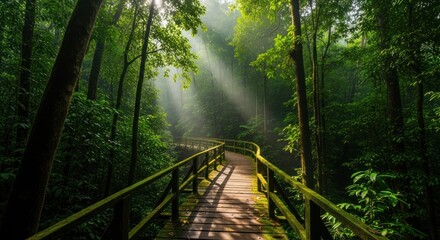 Sunlit Mossy Boardwalk Through Lush Green Rainforest Canopy