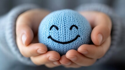 Hands holding a small blue knitted ball with a smiling face
