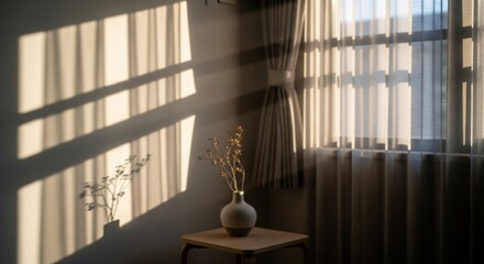 Sunlit room with vase of dried flowers casting shadows on the wall