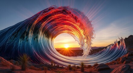 Sunset Wave: A surreal blend of ocean energy and desert landscape