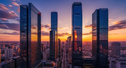 Sunset Reflections on Modern Skyscrapers in a Bustling Cityscape