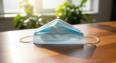 Surgical Mask on Wooden Table with Sunlight and Plant Background