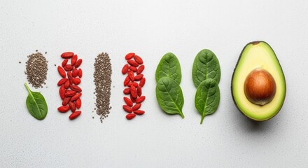 Superfood Lineup: Chia Seeds, Goji Berries, Spinach, and Avocado on White Surface