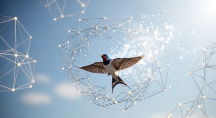 Swallow soaring through digital network, breaking into freedom against a light blue sky