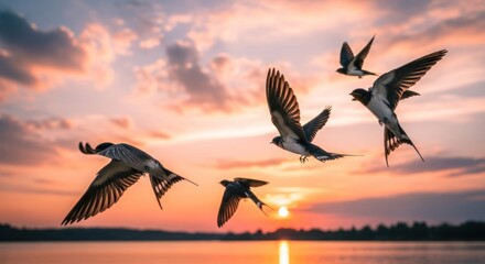 Swallows soaring against a vibrant sunset sky over tranquil waterscape