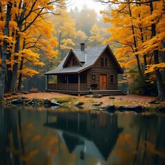 Obraz premium Beautiful autumn landscape. A small wooden cabin surrounded by golden trees beside a calm lake.