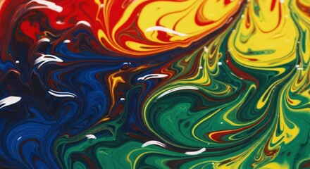 Swirling primary colors create an abstract fluid art background with white highlights