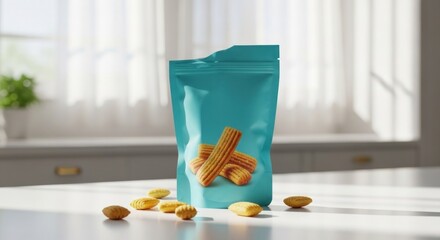 Teal Snack Bag with Cookies and Almonds on White Countertop in Bright Sunlight