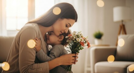 Tender embrace: Mother and child sharing a loving moment with a bouquet of daisies