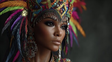 Exotic beauty with colorful headdress, adorned with vibrant feathers and intricate beaded details close up.