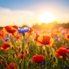 Obraz premium Vibrant sunset over a field of poppies and cornflowers