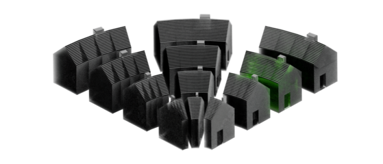 3d detached houses with one detached house highlighted in green, transparent background