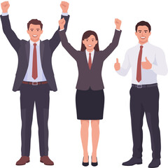 A successful business team of professional men and women stands together, smiling with thumbs up in the office