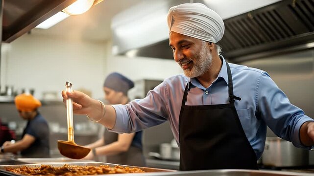 A smiling and happy senior chef with a white turban cooking in a professional restaurant kitchen.