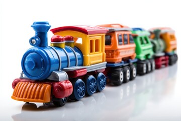 Fototapeta premium Colorful Toy Train Engine with Multiple Carriages for Creative Imagination and Playtime Fun